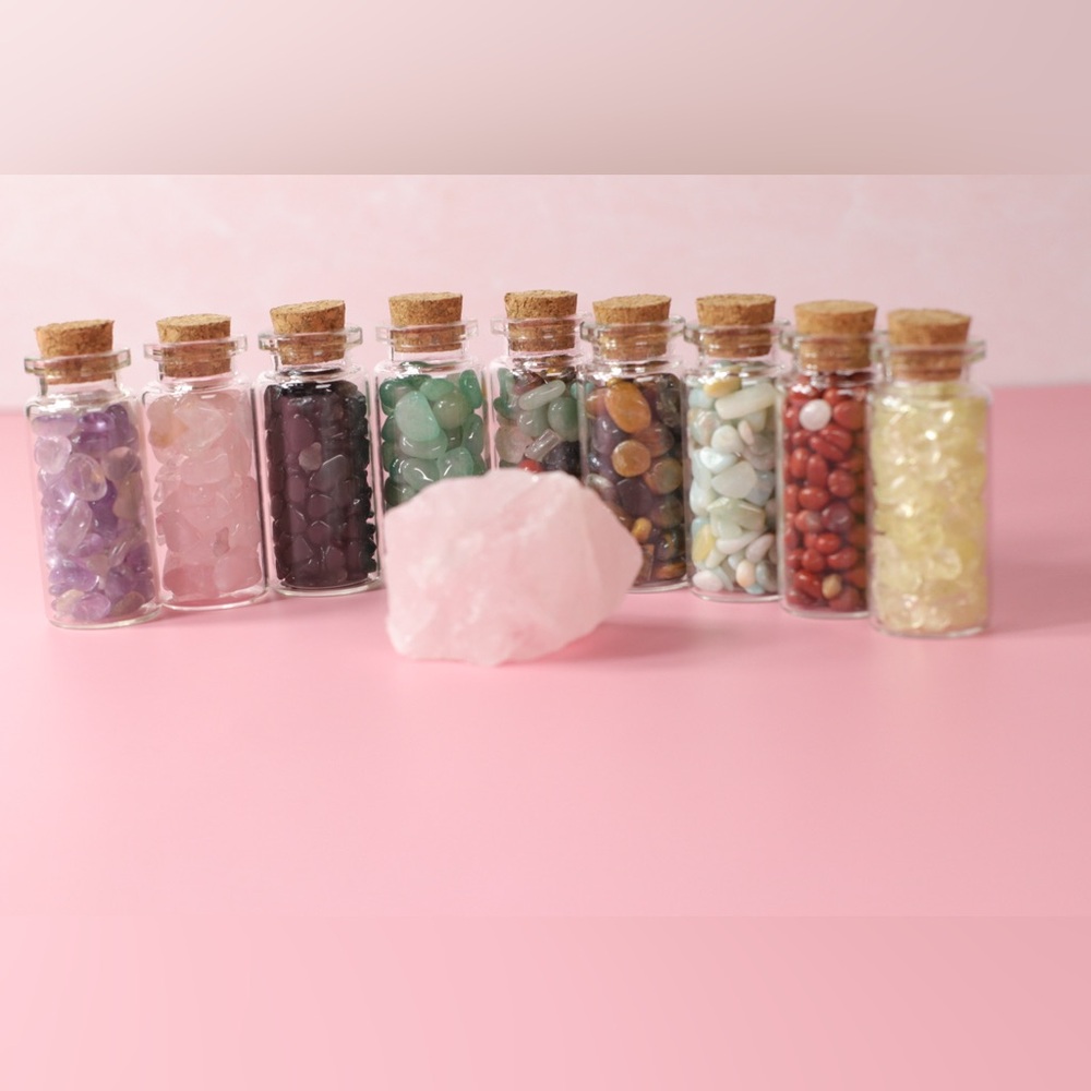 9 Apothecary Glass Bottles with Crystal Chips. Wishing/Potion Bottles Cork Top